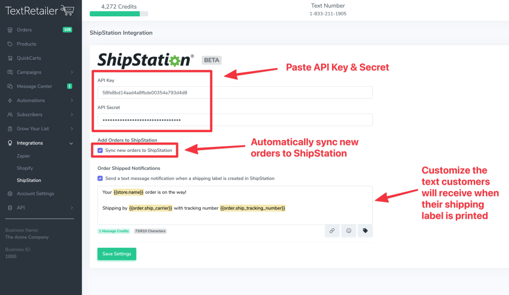 TextRetailer Screenshot of ShipStation API Settings